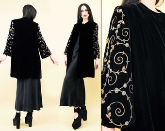 30s 40s Vtg Black Silk Velvet Jacket Bell Sleeve Embroidered Beaded Metallic Thread Metal Stud Detail Women's Xs Sm