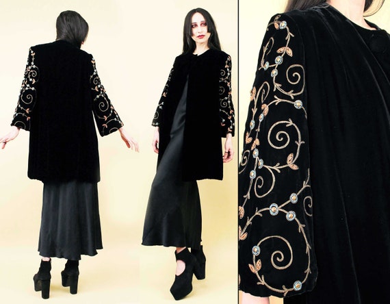 30s 40s Vtg Black Silk Velvet Jacket Bell Sleeve … - image 1