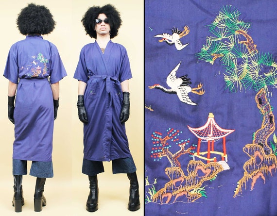 40s 50s Vtg Blue Cotton Chinese Embroidered Robe … - image 1