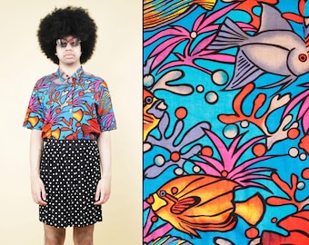 Camicia vintage anni '80 in cotone con stampa acquario, bottoni, colletto, maniche corte, stile hawaiano/tropicale, con etichetta 12 M, taglie: B37", W36", H36", L23".