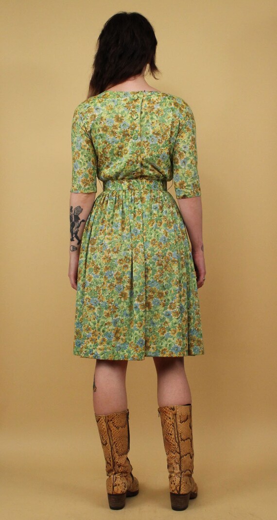 50s 60s Vtg Green Yellow Floral 3/4 Sleeve Day Dr… - image 5