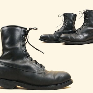 80s 1980 Dated Vtg Black Leather Combat Boots Lace Up Ankle Army Issue Punk Metal Goth Men&#39;s US 8 Wide Women&#39;s 10 EU 42