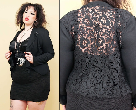 80s Vtg Black Sheer Lace Bolero Cropped Jacket Lo… - image 1