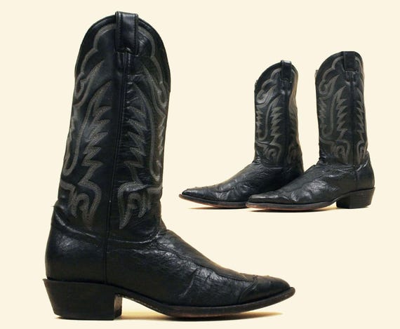 80s Vintage Justin Cowboy Boots: Black Ostrich Leather  display picture 1
