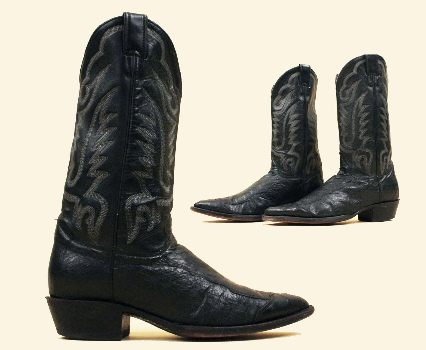 80s Vintage Justin Cowboy Boots: Black Ostrich Leather
