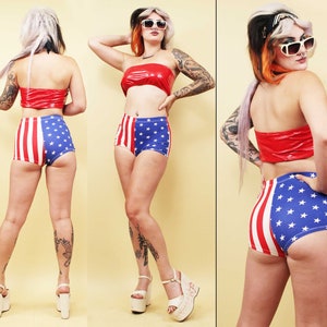 80s Vtg Fredericks of Hollywood American Flag Booty Shorts Cotton Spandex High Waisted Stretch Women&#39;s tag M fits Xs-Sm