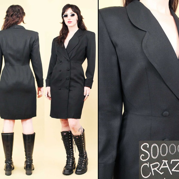 80s 90s Vtg Black Collared Suit Mini Dress Long Sleeve Button Front Business Goth Women's tag 7/8 Small B34-36" W28" H36"