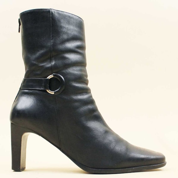 90s Vtg Black Leather O Ring Harness Piercing Ankle Boot Zip Up High Heel Women's US 10 EU 42