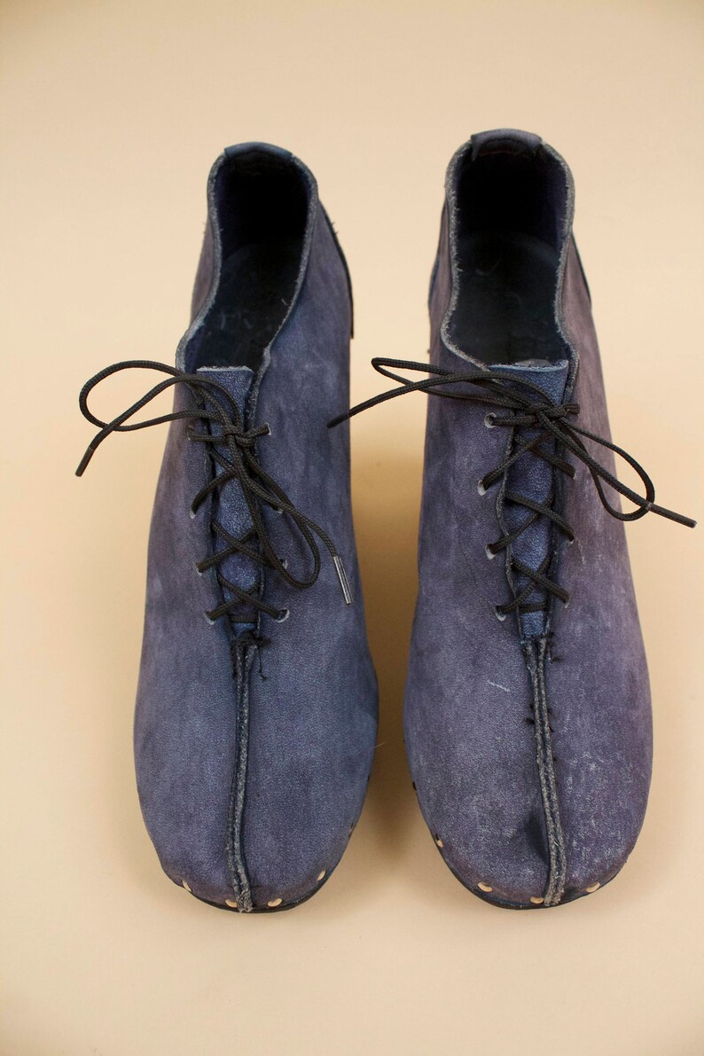 70s Vtg rare SBICCA Genuine Leather /'Blue Jean/' Look Wood Platform Ankle Boot Clog Chunky Rivet Stud Lace Up GLAM Rocker 6.5 7 Eu 37 37.5