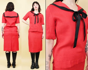50s 60s Vtg Red Linin Sailor Collar 2pc Skirt Suit & Blouse Big Collar Black Ribbon Bow Tie Nautical Valentines Women's Xs Sm