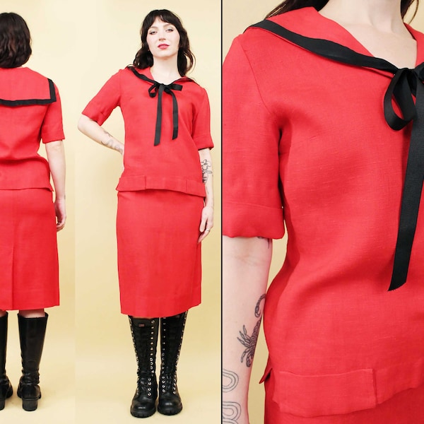 50s 60s Vtg Red Linin Sailor Collar 2pc Skirt Suit & Blouse Big Collar Black Ribbon Bow Tie Nautical Valentines Women's Xs Sm