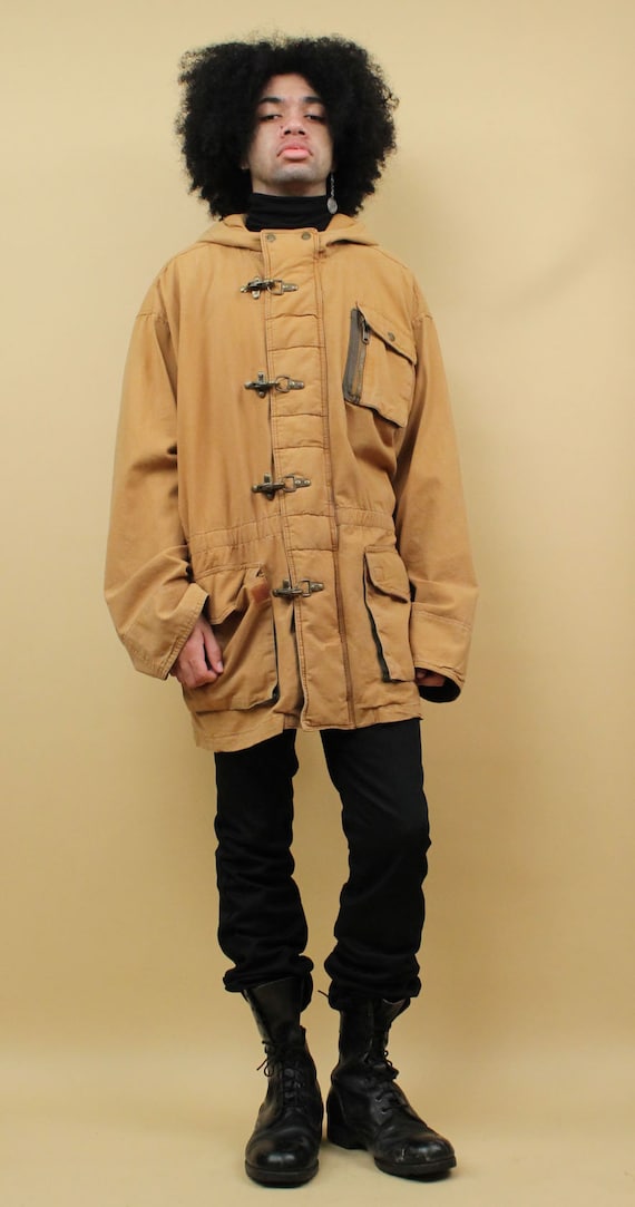 80s 90s Vtg Brown Cotton Canvas Metal Clasp Oversized Chore 80s 90s Vtg Brown Cotton Canvas Metal Clasp Oversized Chore