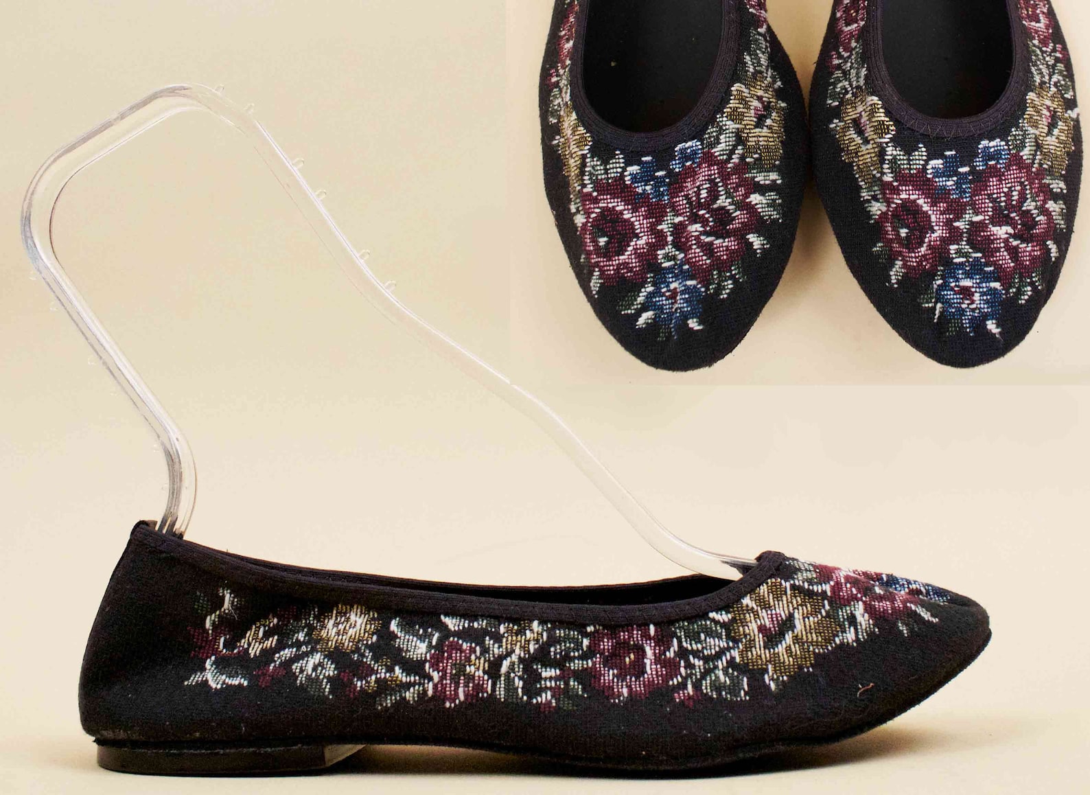 80s vtg black floral needlepoint tapestry ballet flats / cap toe dance casual shoes slipper 7.5 ee [ wide] eu 38