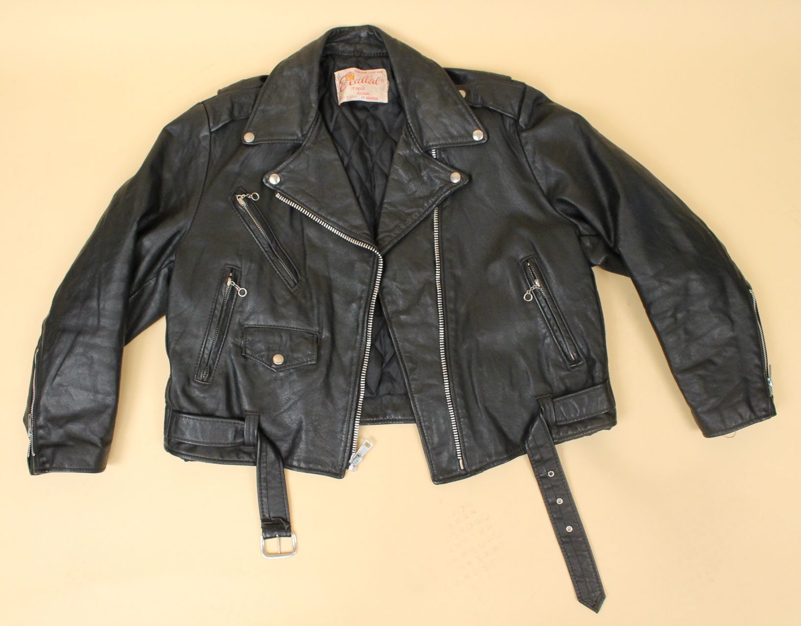 70s Vtg Black Leather Motorcycle Jacket Biker Moto Punk