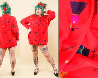 80s 90s Vtg Red Collared Blouse Women Girls Dress Perfume Bottle Novelty Print Plus Size 2X B48" W48" H48" L28"