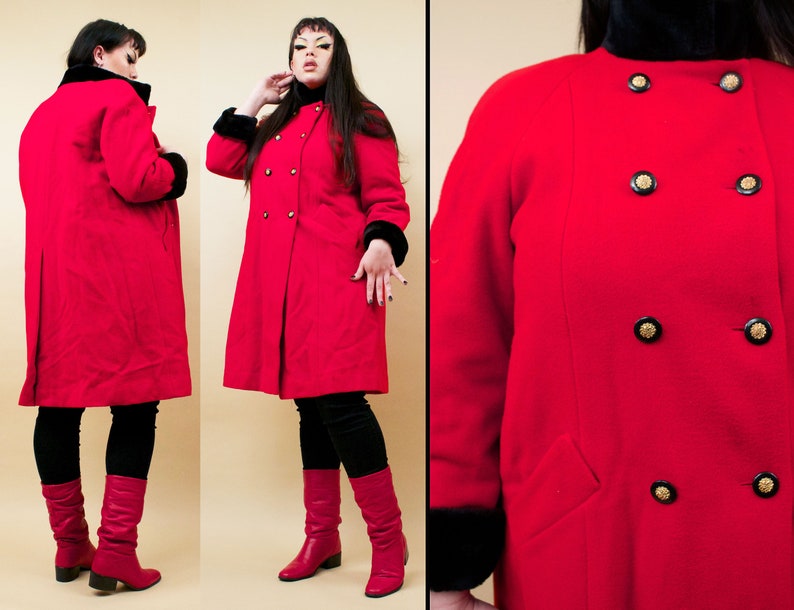 80s Vtg Rothschild Red & Black Faux Fur Wool Military Inspired Pea Coat Double Breasted Button Mock Collar Plus Size Designer L XL 12 tag 14 image 1