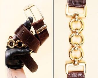 80s 90s Vtg The Limited Brown Alligator Embossed Leather Belt with Gold Chain fits W27" 28" 29" 30" 31"