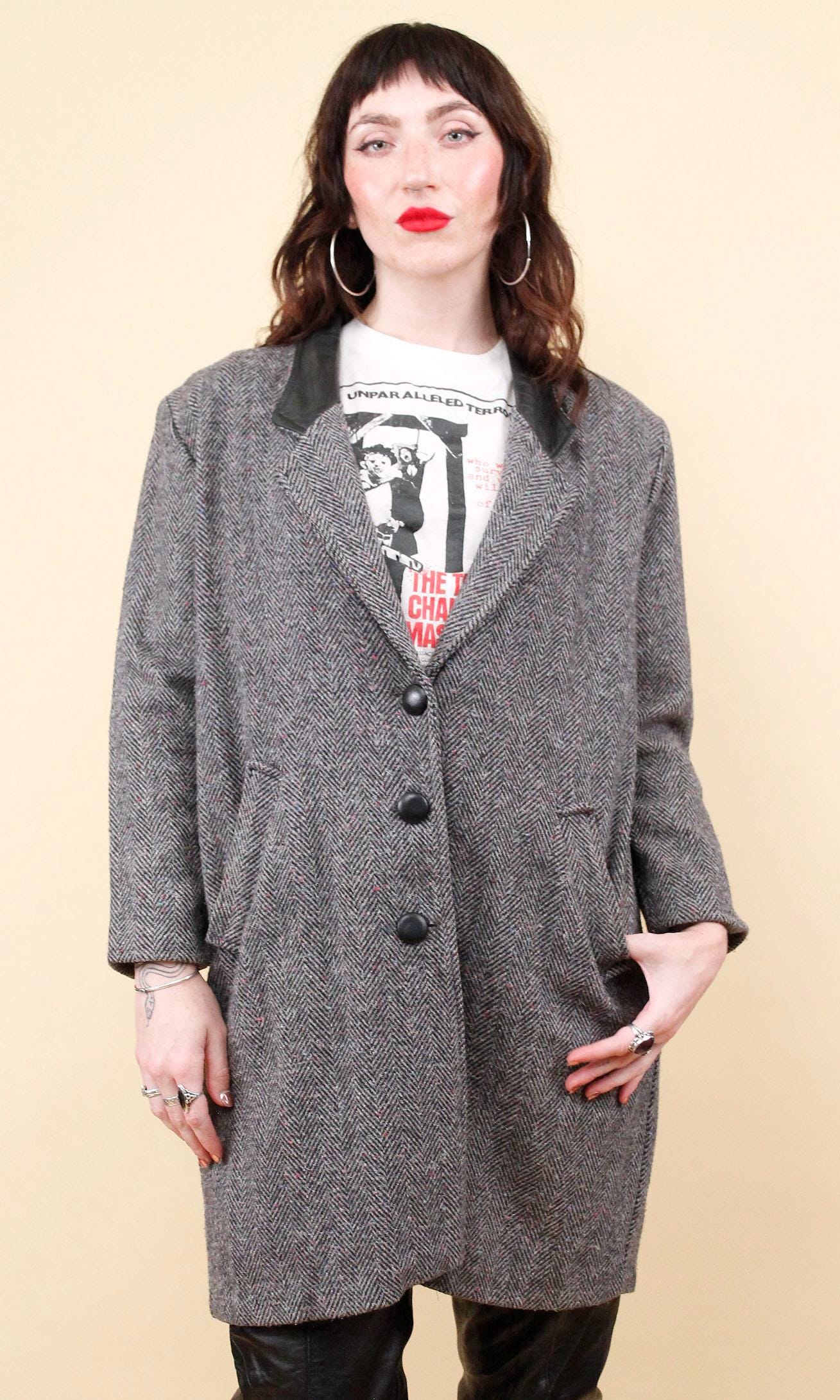 80s 90s Vtg Tweed Herringbone Grey & Black Leather Collar Overcoat