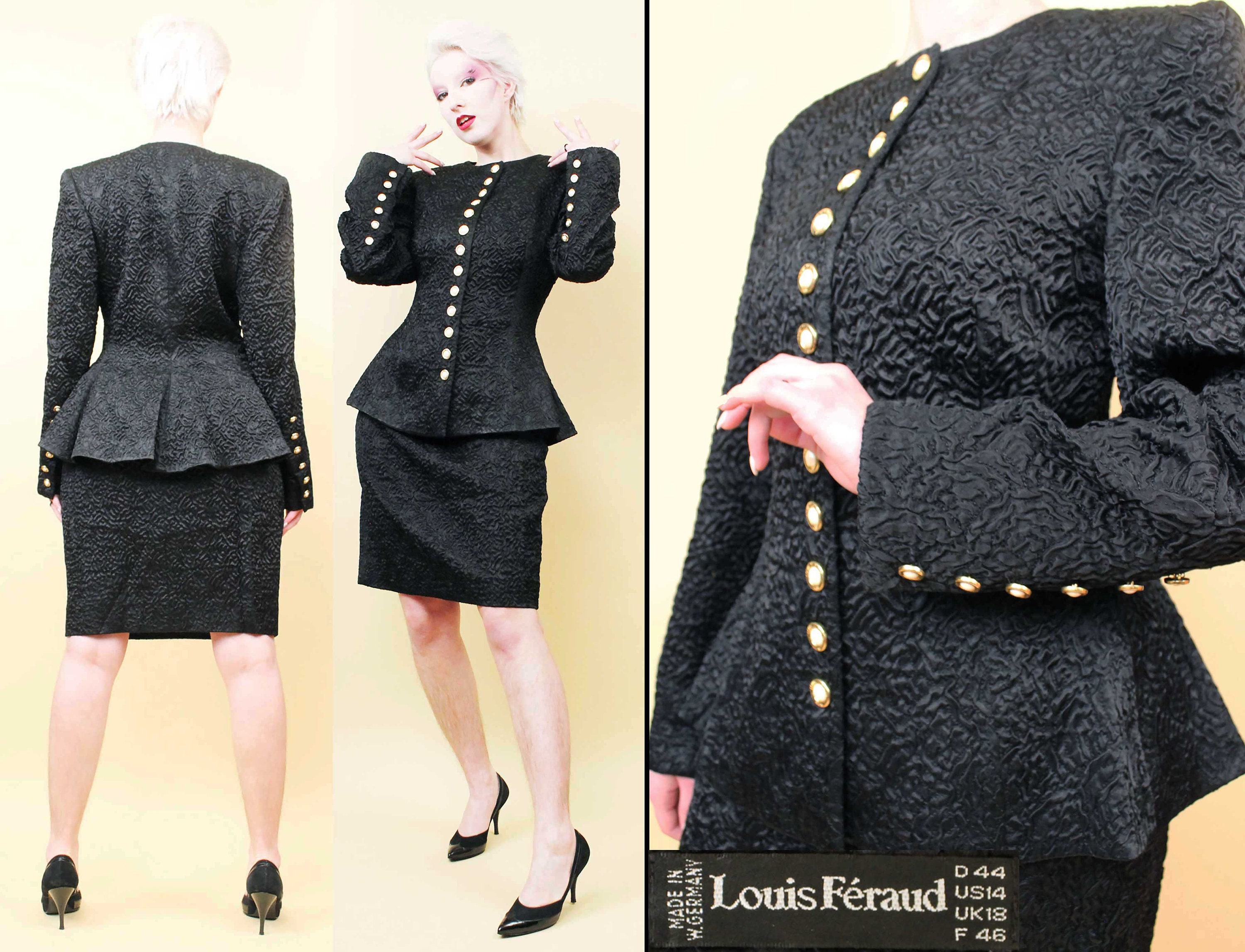 Louis Feraud Set Vintage 1990s 90s Silk Scarf Print 2-Piece Jacket + Skirt Suit