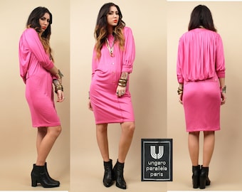 70s 80s Vtg Emanuel UNGARO Hot Pink Silk Jersey Knee Length Mini Dress Bubble Avant Garde Cape Back Cocktail Party Runway Couture Xs Sm EUC