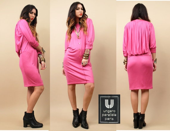 70s 80s Vtg Emanuel UNGARO Hot Pink Silk Jersey K… - image 1