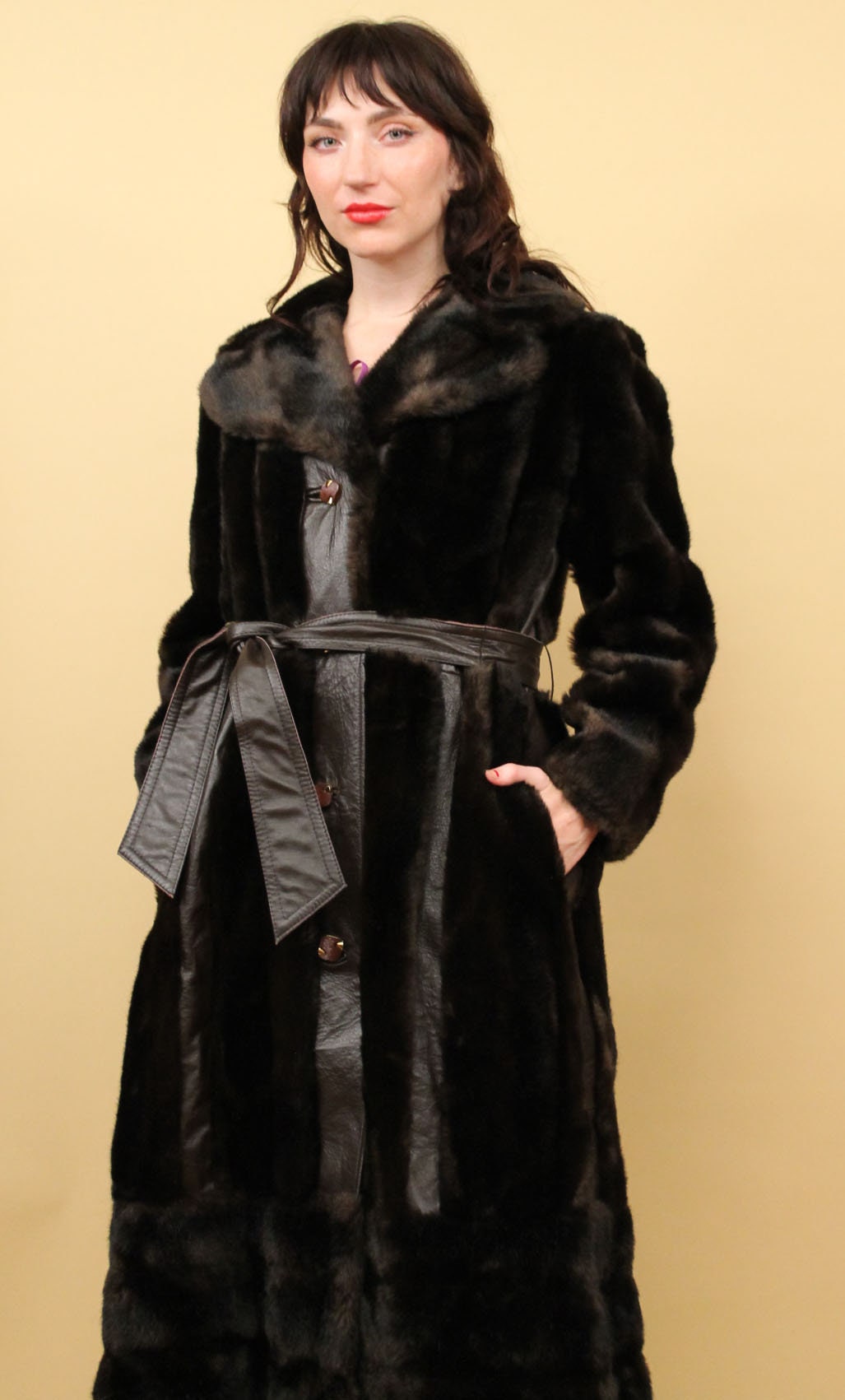 70s Vtg Brown Faux Min Panel Leather Floor Length Coat Zip