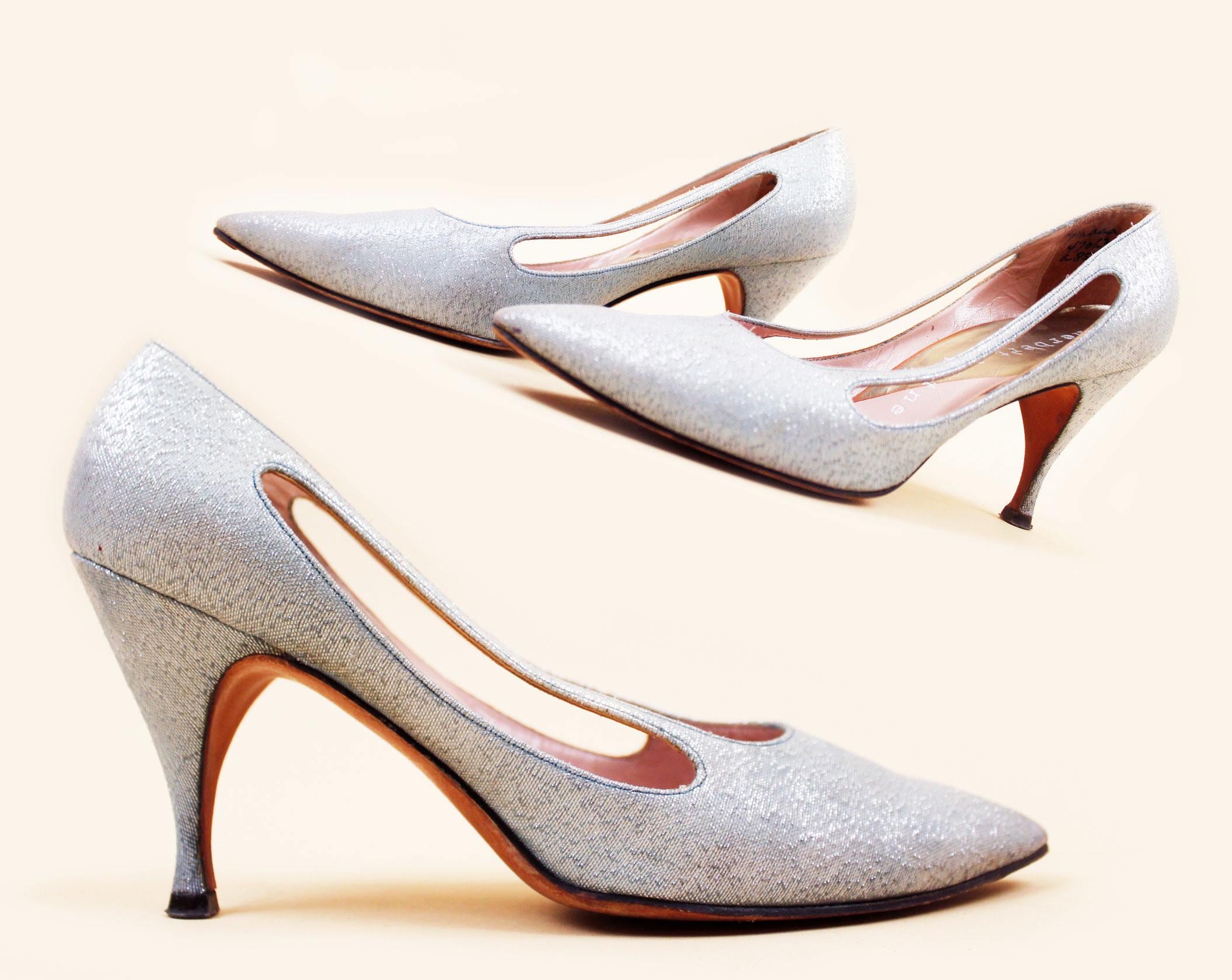 Vintage Herbert Levine Lurex Heels: 1950s Silver Blue Pumps, US 7.5…