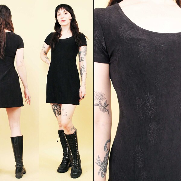 90s Vtg Black Slinky Stretchy Mini Dress with Fireworks Pattern Babydoll Women's tag Small B32-38" W26-30" H36-40"