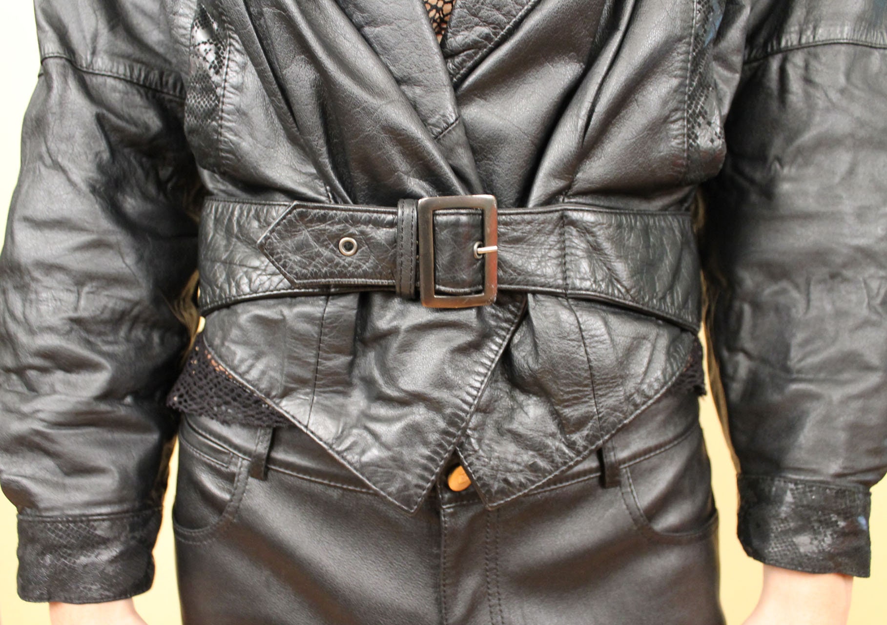 80s Vtg Black Leather Jacket Cropped Coat V Shape Buckle Front New