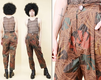 80s Vtg Monstera Plant Daddy Novelty Print Pants Tropical Hawaiian Palm Leaf High Waist Pleat Women's tag EU 42 S-M W28" H38" L40"