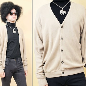 70s Vtg Beige Cotton Knit Cardigan Sweater Mod Grunge Long Sleeve Men&#39;s Medium L