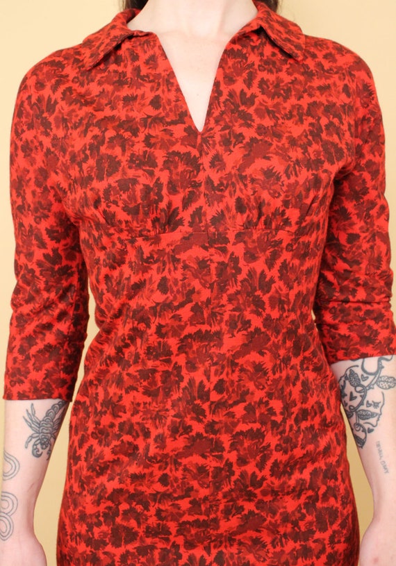 40s 50s Vtg Red & Brown Novelty Print Dress Colla… - image 7