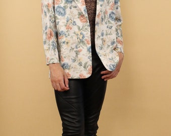 80s Vtg Floral Pastel Blazer Linen Collared Jacket Ugly Couch