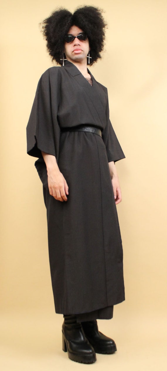 60s Vtg Black Heavy Weight Kimono Boxy Robe Japan… - image 5