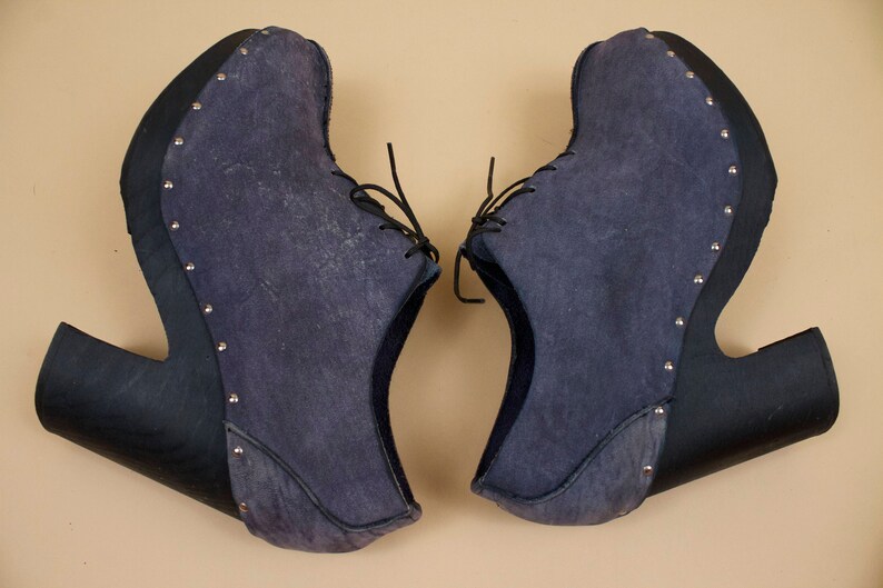 70s Vtg rare SBICCA Genuine Leather /'Blue Jean/' Look Wood Platform Ankle Boot Clog Chunky Rivet Stud Lace Up GLAM Rocker 6.5 7 Eu 37 37.5