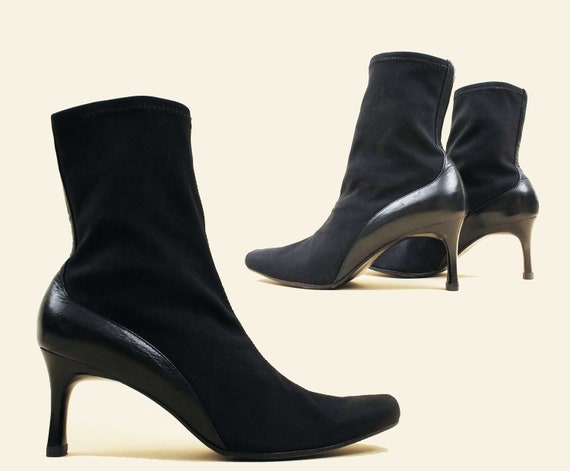 90s Y2K Vtg Black Neoprene & Leather Sock Boot Pu… - image 1