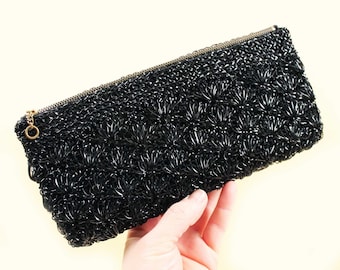 50s 60s Vtg Black Woven Plastic Raffia Straw Style Clutch Handbag Envelope Rectangle 9.75"x4.5"