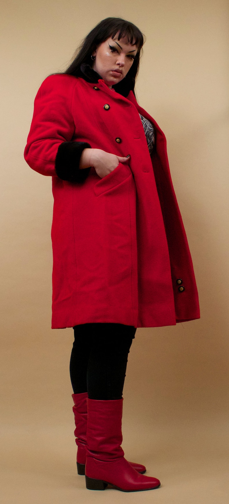 80s Vtg Rothschild Red & Black Faux Fur Wool Military Inspired Pea Coat Double Breasted Button Mock Collar Plus Size Designer L XL 12 tag 14 image 5