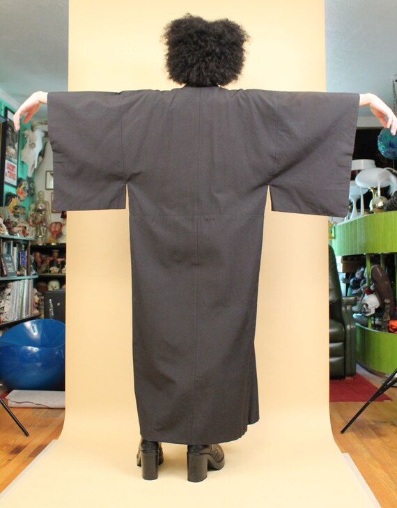 60s Vtg Black Heavy Weight Kimono Boxy Robe Japan… - image 7