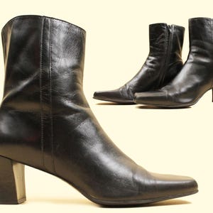 90s Vtg Black Leather Zip up Ankle Boot Sleek Square Toe Chunky