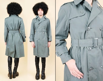 80s Vtg Army Green Classic Cotton Rain Jacket Trench Coat Belted Jacket Men's tag 36S Medium B40" W40" H42" L40"