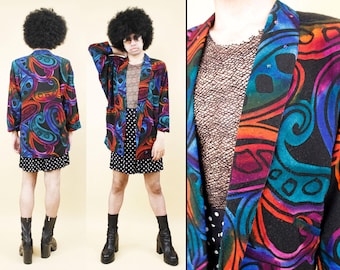 Chaqueta tipo blazer vintage de los 80 con estampado abstracto psicodélico arcoíris y etiqueta Platinum Paisley, talla S, ancho 50", ancho 48", alto 38", largo 30". *Tal cual*