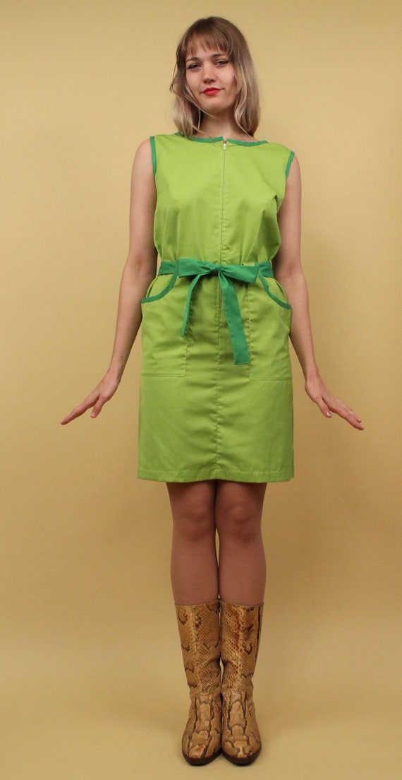 60s Vtg Green 2 Tone Mini Dress Shift Sheath Zip … - image 3