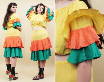 70s 80s Vtg Cotton Gauze Color Block 2pc Layered Skirt & Blouse Crop Top Salsa ChaCha Flamenco Dance Burlesque Pin Up Plus Size XL 1X 14 16