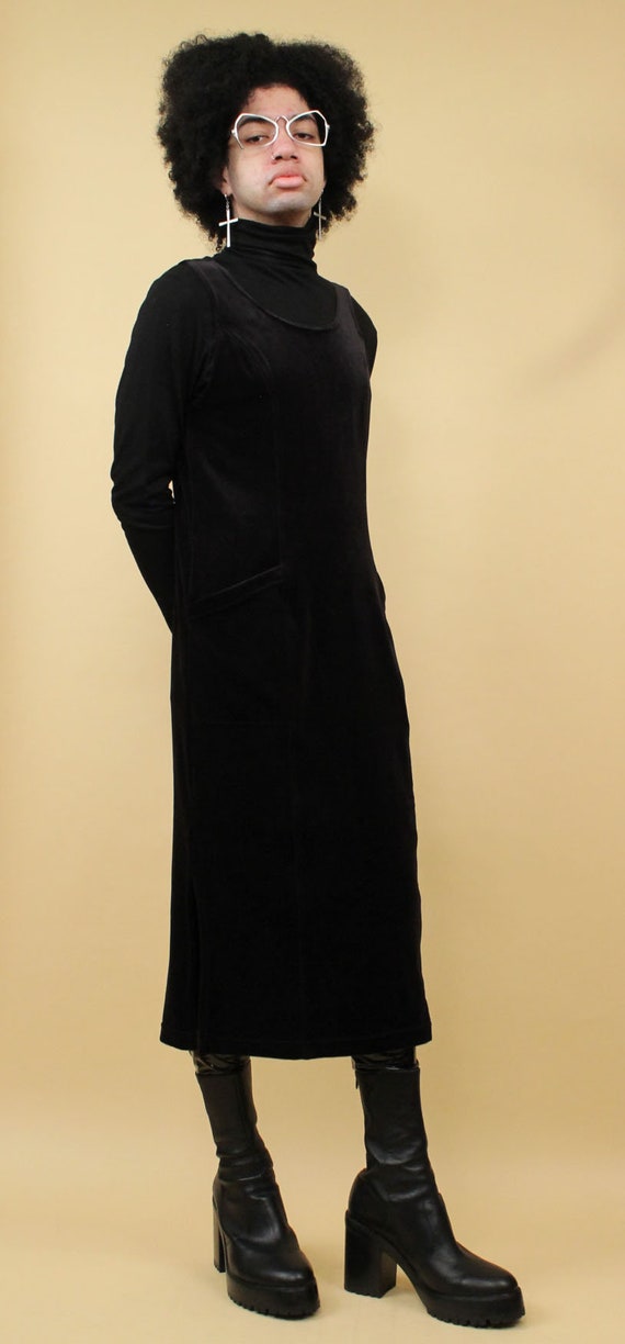 90s Vtg Black Stretch Velvet Sheath Dress Sleevel… - image 7