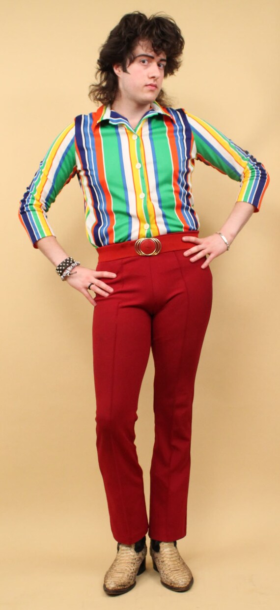 70s Vtg Primary Colors Vertical Striped Button Up… - image 2