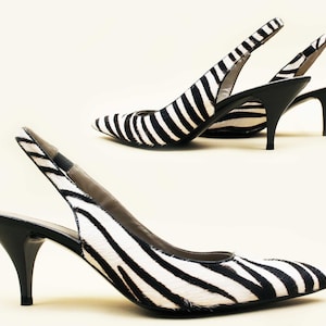 90s Vtg Zerbra Stripe Pony Fur & Leather Via Spiga Slingback Kitten Low Heel Pumps Pointy Pointed Toe Women&#39;s US 6.5 EU 37