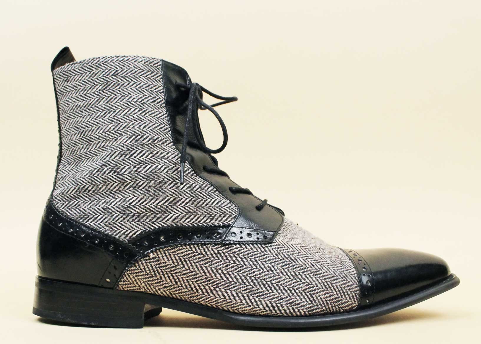 90s Vtg Tweed Herringbone & Leather Oxford Lace up Boots  display picture 3