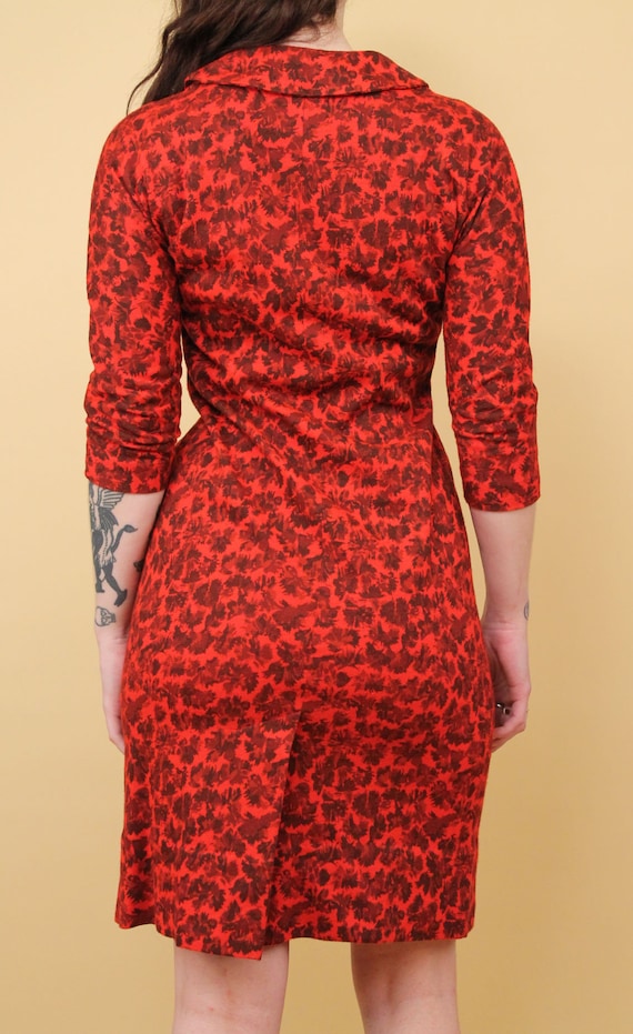 40s 50s Vtg Red & Brown Novelty Print Dress Colla… - image 6