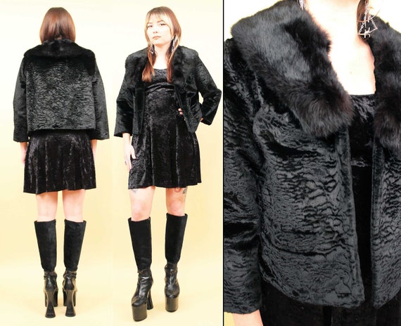 50s 60s Vtg Fox Fur Collared Faux Persian Lamb Velvet Cropped 